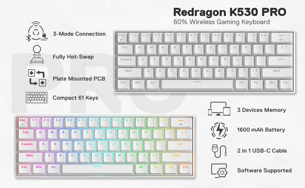 K530 Pro Draconic 61 Keys 60% Wireless RGB 100% Hot-Swap Socket Mechanical Keyboard Bluetooth/2.4Ghz/Wired 3-Mode